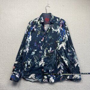 Au Noir Shirt Men Sz 3 Button Up Funky Watercolor Floral Nature AOP Blue Boho 1